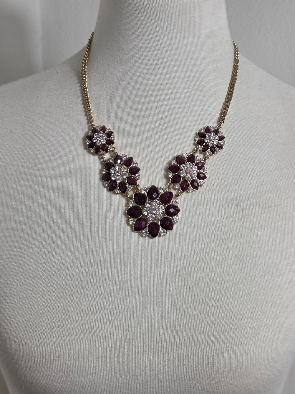 Icing Statement Bib Necklace Burgundy & White Flower Shaped Rhinestone Clusters